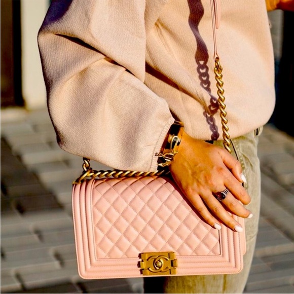 Pink Quilted Caviar Medium CC Boy Bag with Antique Brushed Gold Hardware - Picture 1 of 15